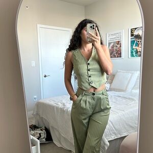 Green and white striped pant suit set